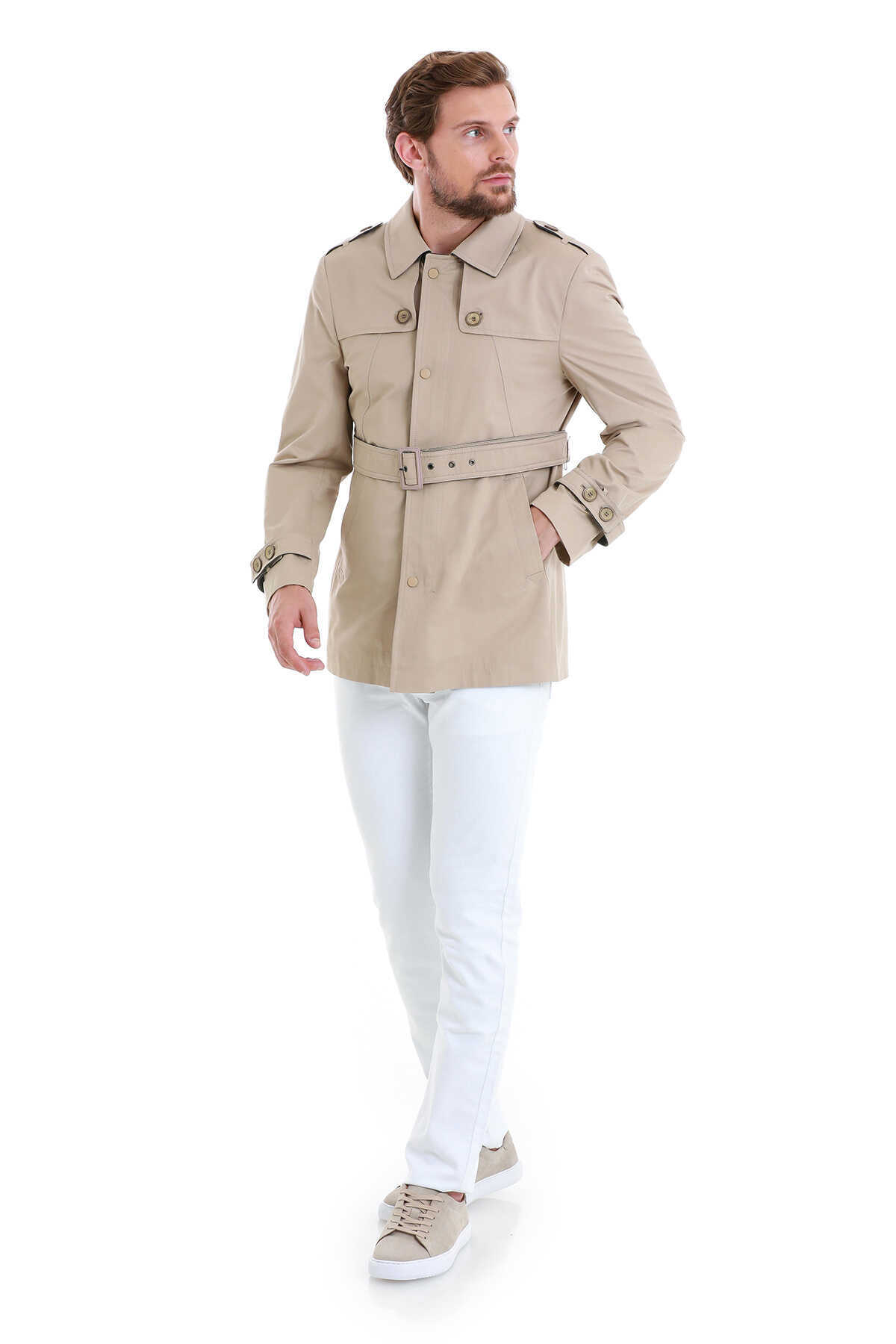 Bej Slim Fit Bebe Yaka Pamuklu Trençkot - 2