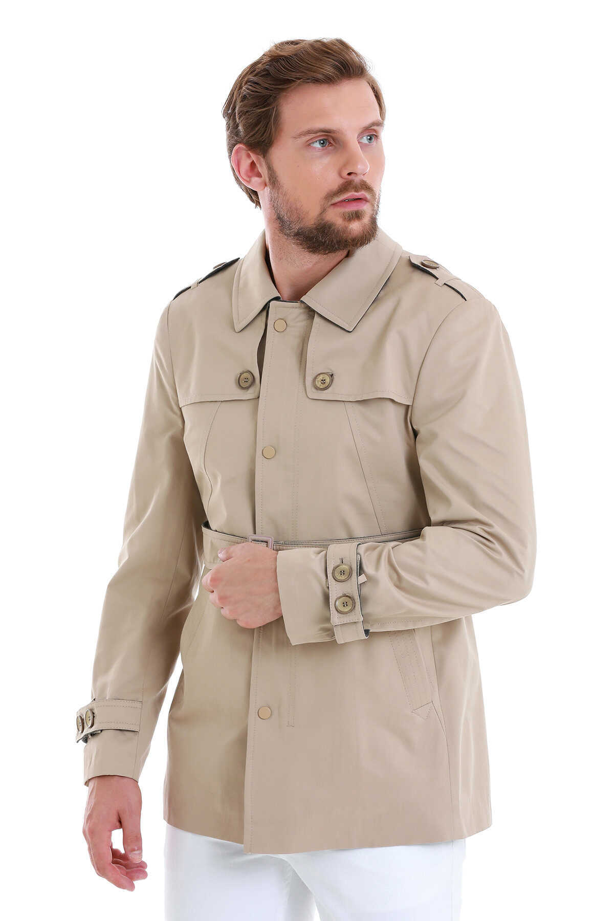 Bej Slim Fit Bebe Yaka Pamuklu Trençkot - 3