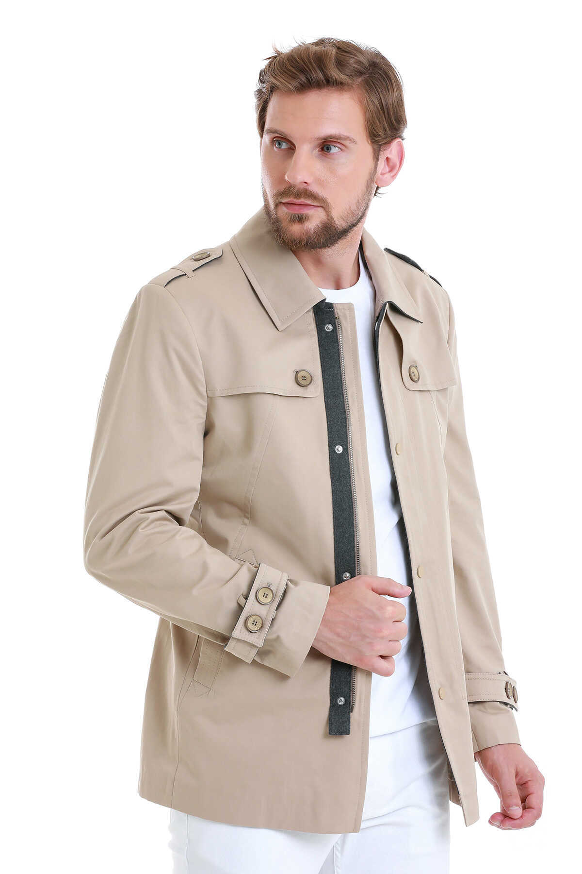 Bej Slim Fit Bebe Yaka Pamuklu Trençkot - 4