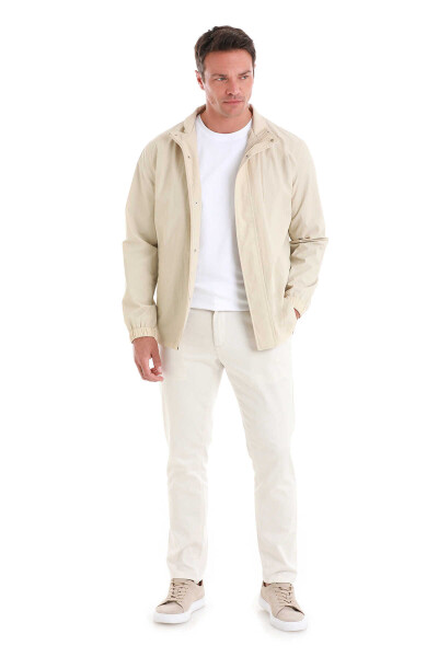 Bej Slim Fit Düz Dik Yaka Mevsimlik Mont - 2