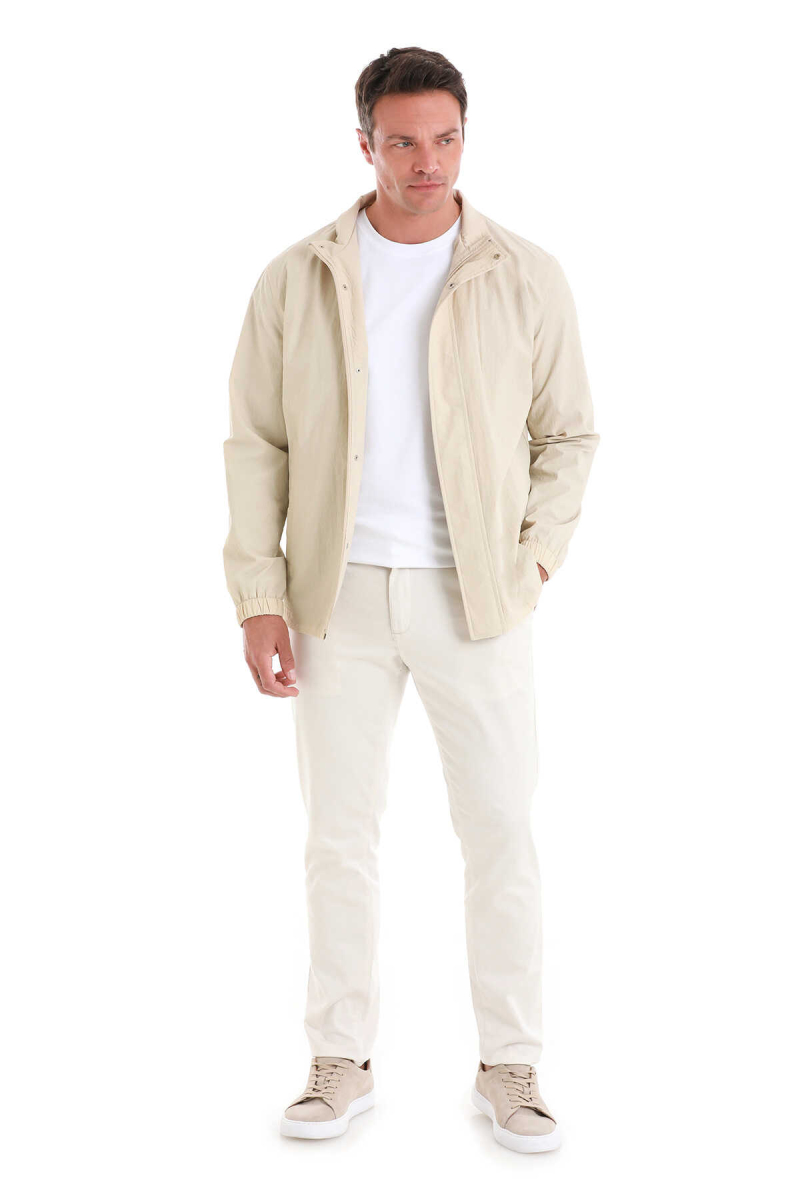 Bej Slim Fit Düz Dik Yaka Mevsimlik Mont - HTML (1)