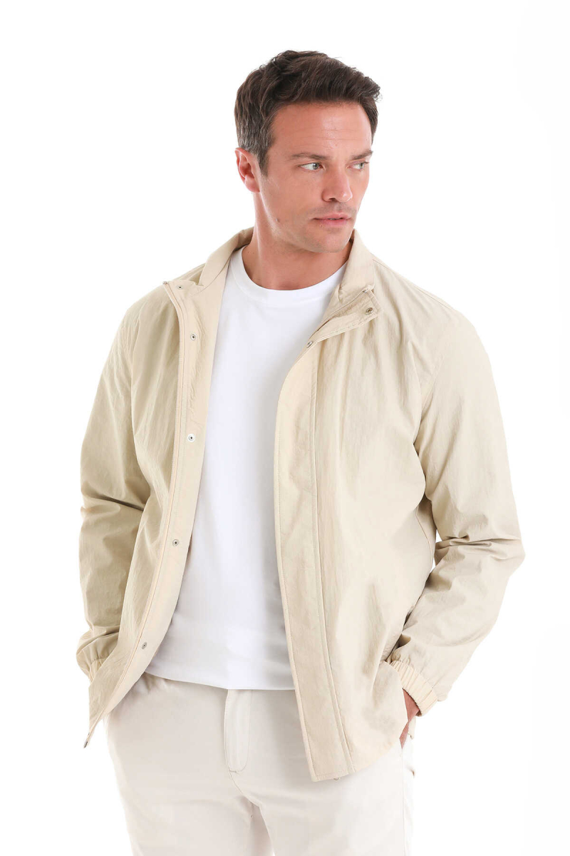Bej Slim Fit Düz Dik Yaka Mevsimlik Mont - HTML (1)