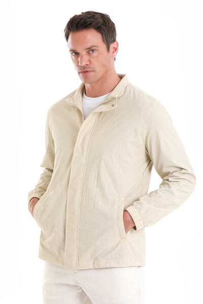 Bej Slim Fit Düz Dik Yaka Mevsimlik Mont - 5