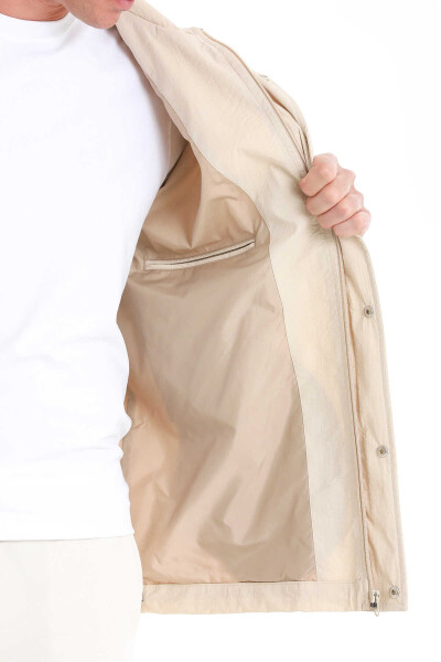 Bej Slim Fit Düz Dik Yaka Mevsimlik Mont - 7