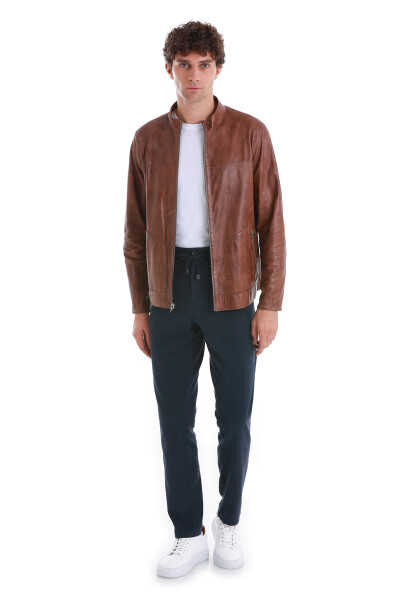 Bej Slim Fit 100% Deri Hakim Yaka Çift Taraflı Deri-Süet Mont - 2