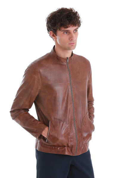 Bej Slim Fit 100% Deri Hakim Yaka Çift Taraflı Deri-Süet Mont - 3