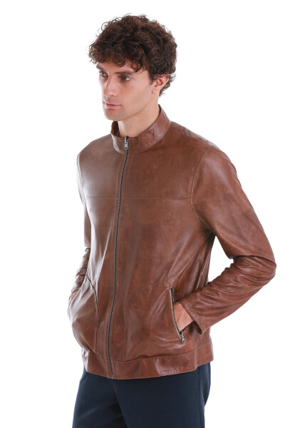 Bej Slim Fit 100% Deri Hakim Yaka Çift Taraflı Deri-Süet Mont - 4