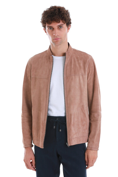 Bej Slim Fit 100% Deri Hakim Yaka Çift Taraflı Deri-Süet Mont - 5