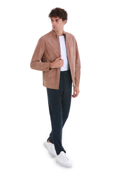 Bej Slim Fit 100% Deri Hakim Yaka Çift Taraflı Deri-Süet Mont - 6