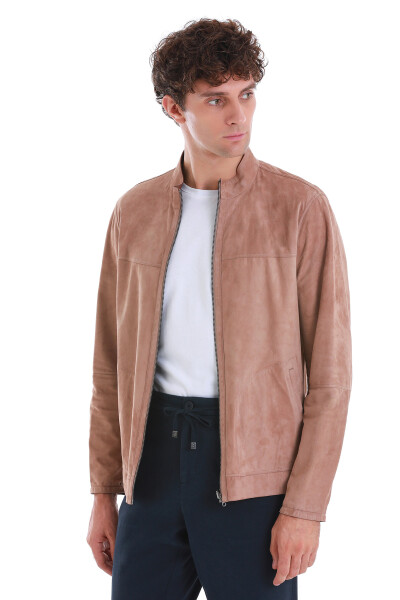 Bej Slim Fit 100% Deri Hakim Yaka Çift Taraflı Deri-Süet Mont - 7