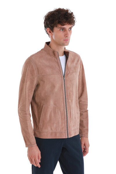 Bej Slim Fit 100% Deri Hakim Yaka Çift Taraflı Deri-Süet Mont - 8