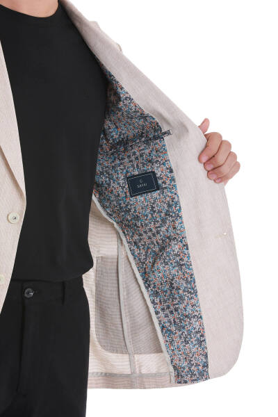 Bej Slim Fit Mono Yaka Casual Keten Ceket - 12