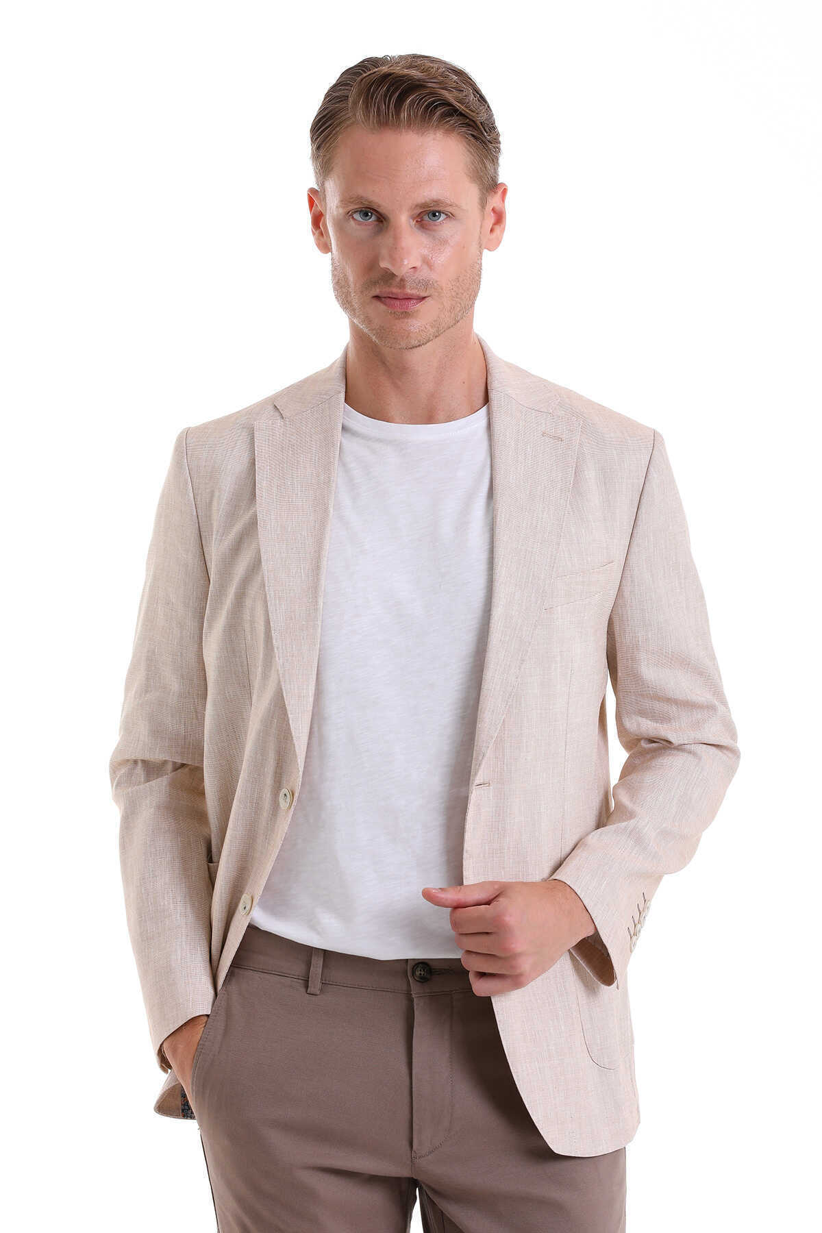 Bej Slim Fit Düz Mono Yaka Casual Keten Ceket - 1
