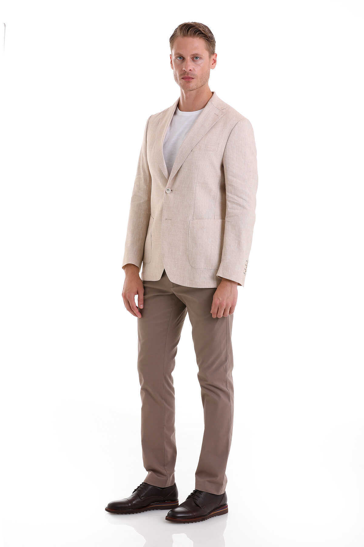 Bej Slim Fit Düz Mono Yaka Casual Keten Ceket - 2