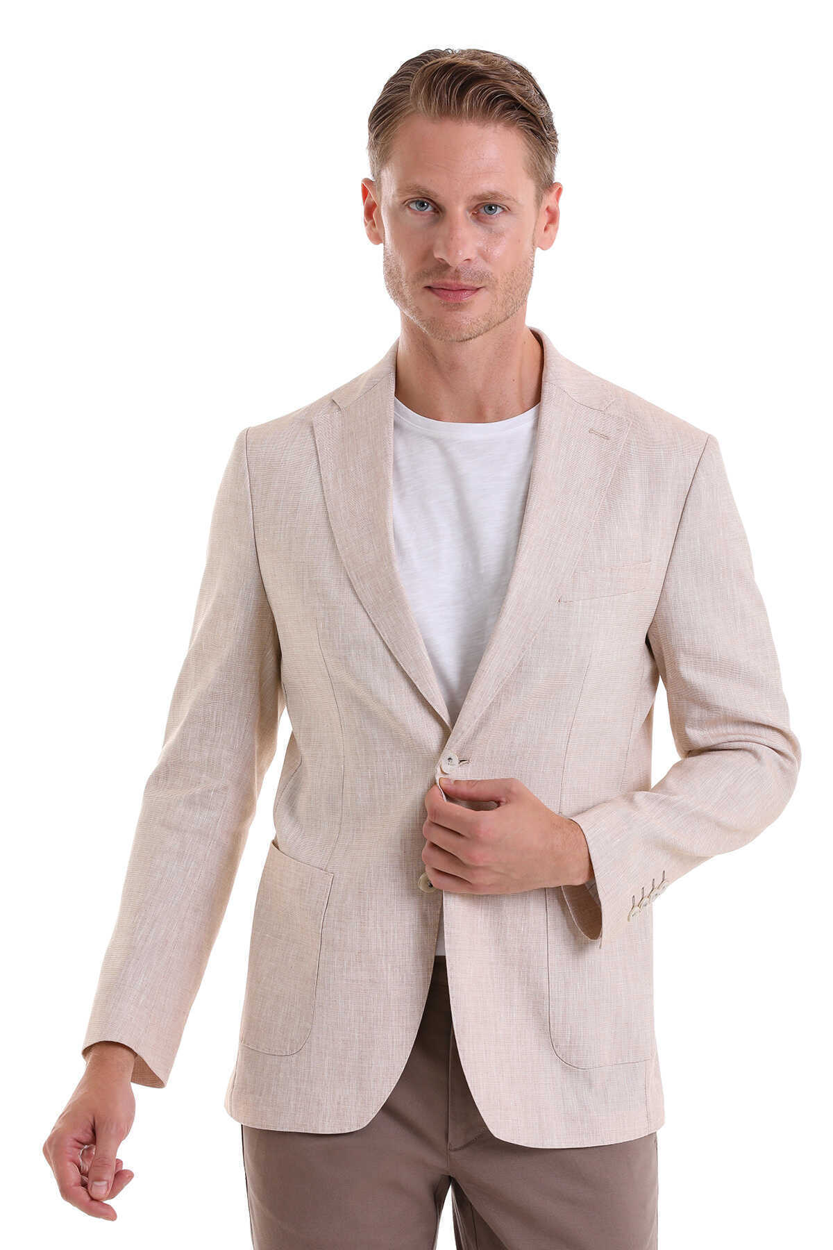 Bej Slim Fit Düz Mono Yaka Casual Keten Ceket - 3