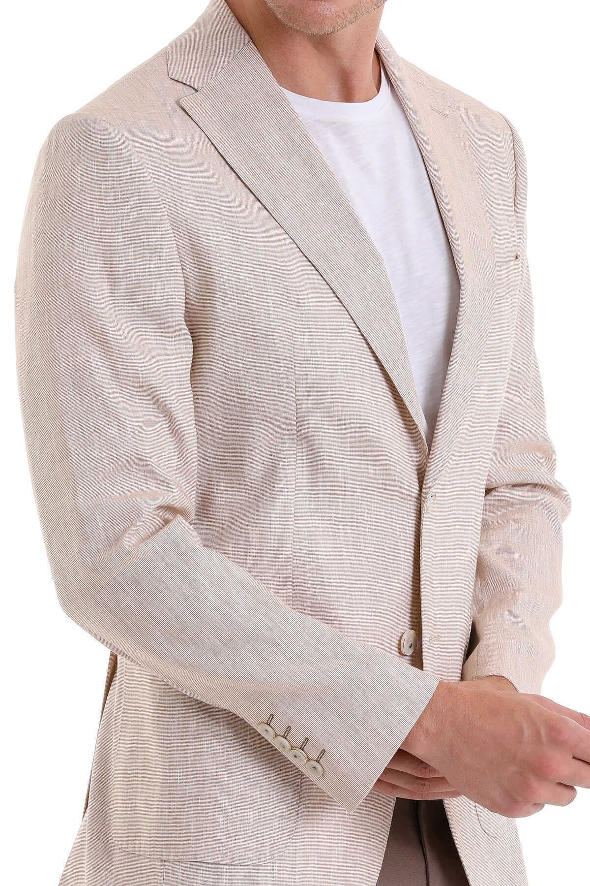 Bej Slim Fit Düz Mono Yaka Casual Keten Ceket - 5
