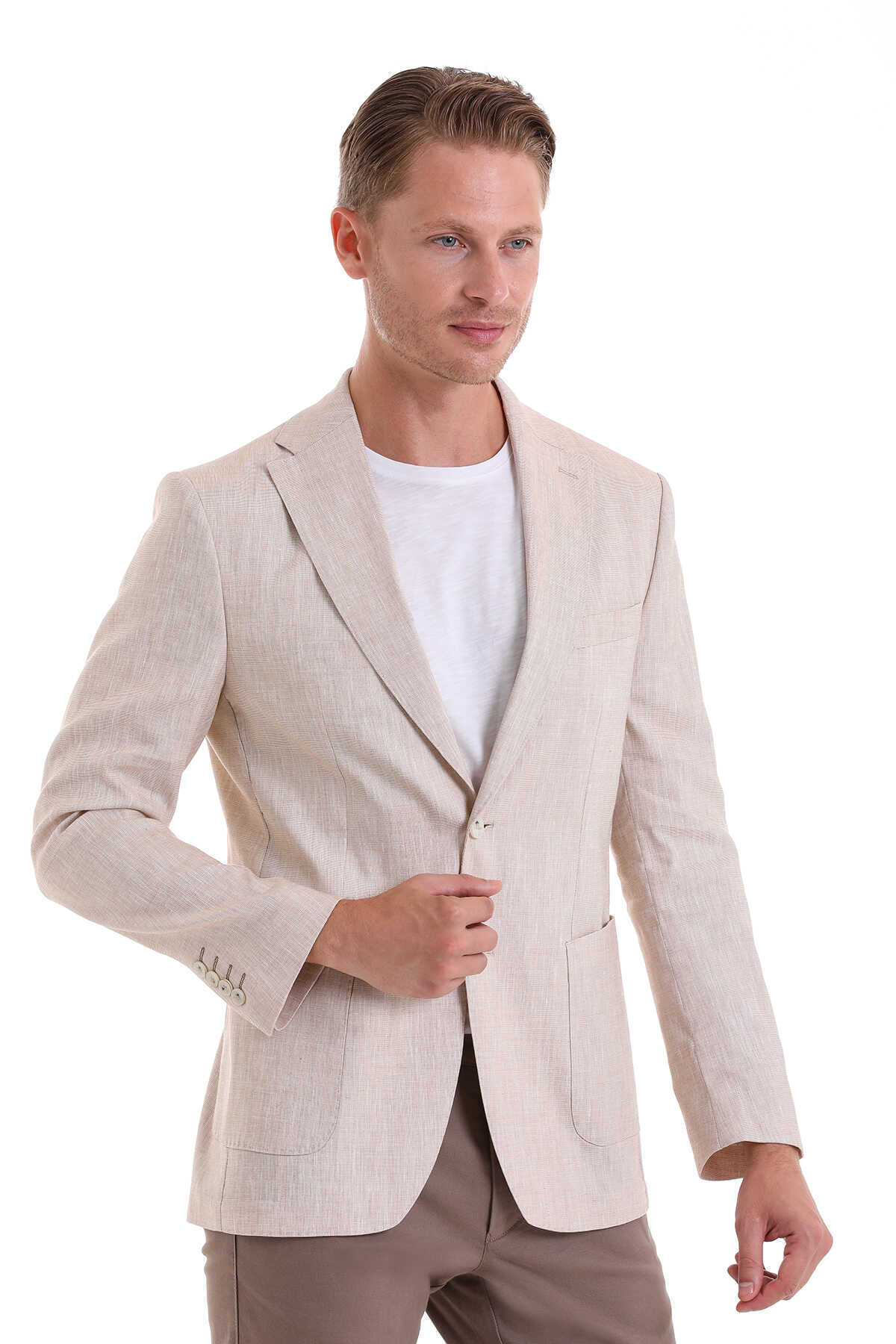 Bej Slim Fit Düz Mono Yaka Casual Keten Ceket - 4