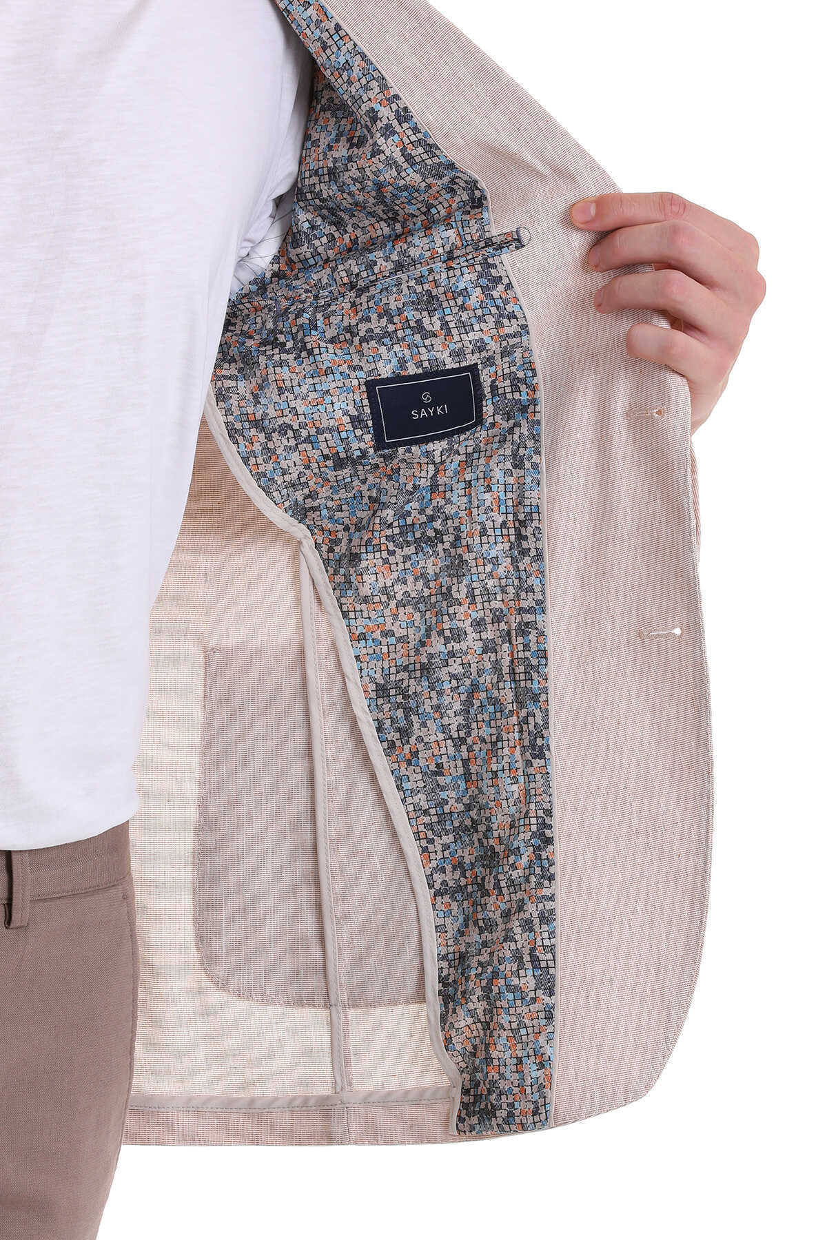 Bej Slim Fit Düz Mono Yaka Casual Keten Ceket - 6