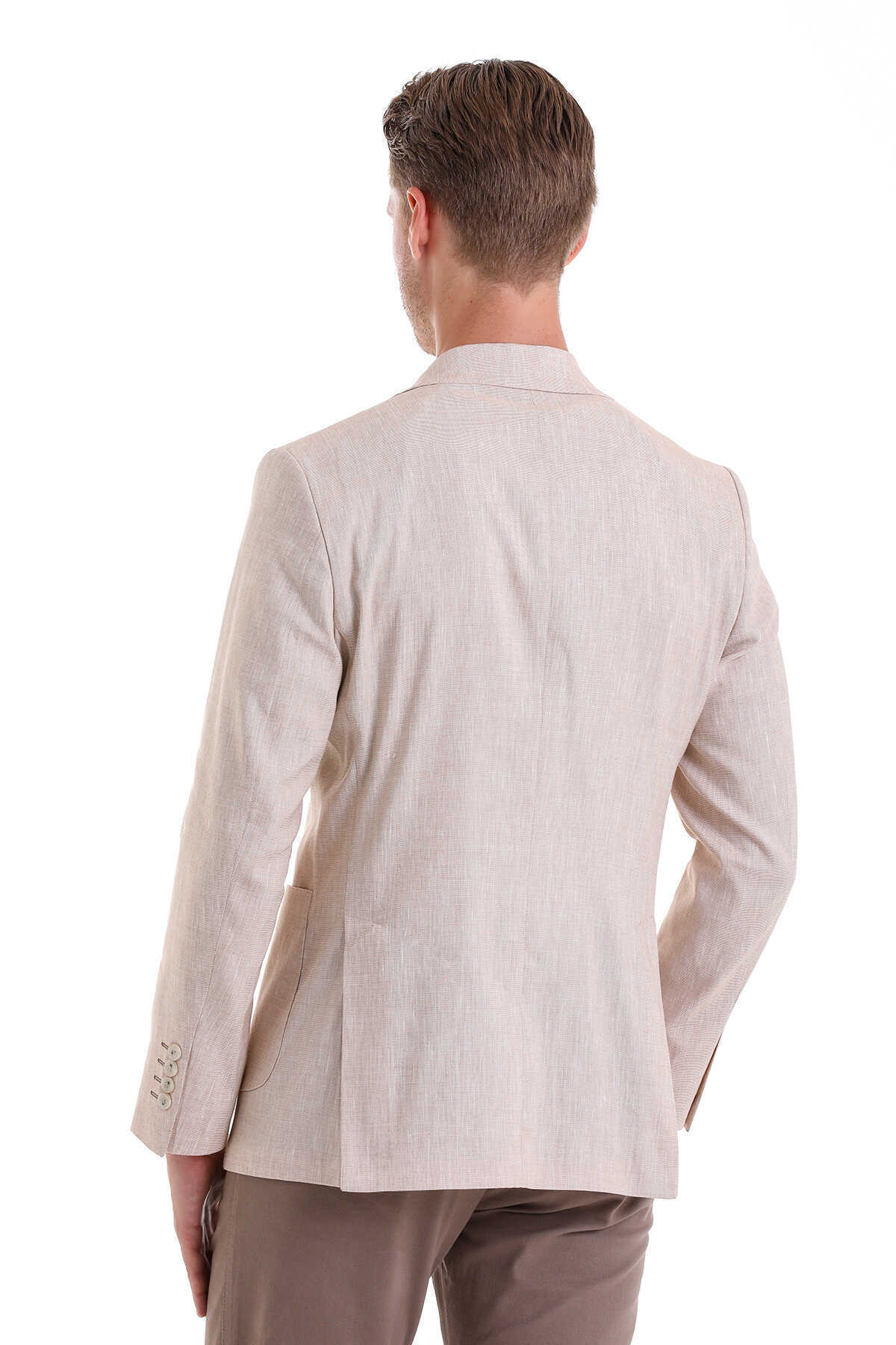 Bej Slim Fit Düz Mono Yaka Casual Keten Ceket - 7
