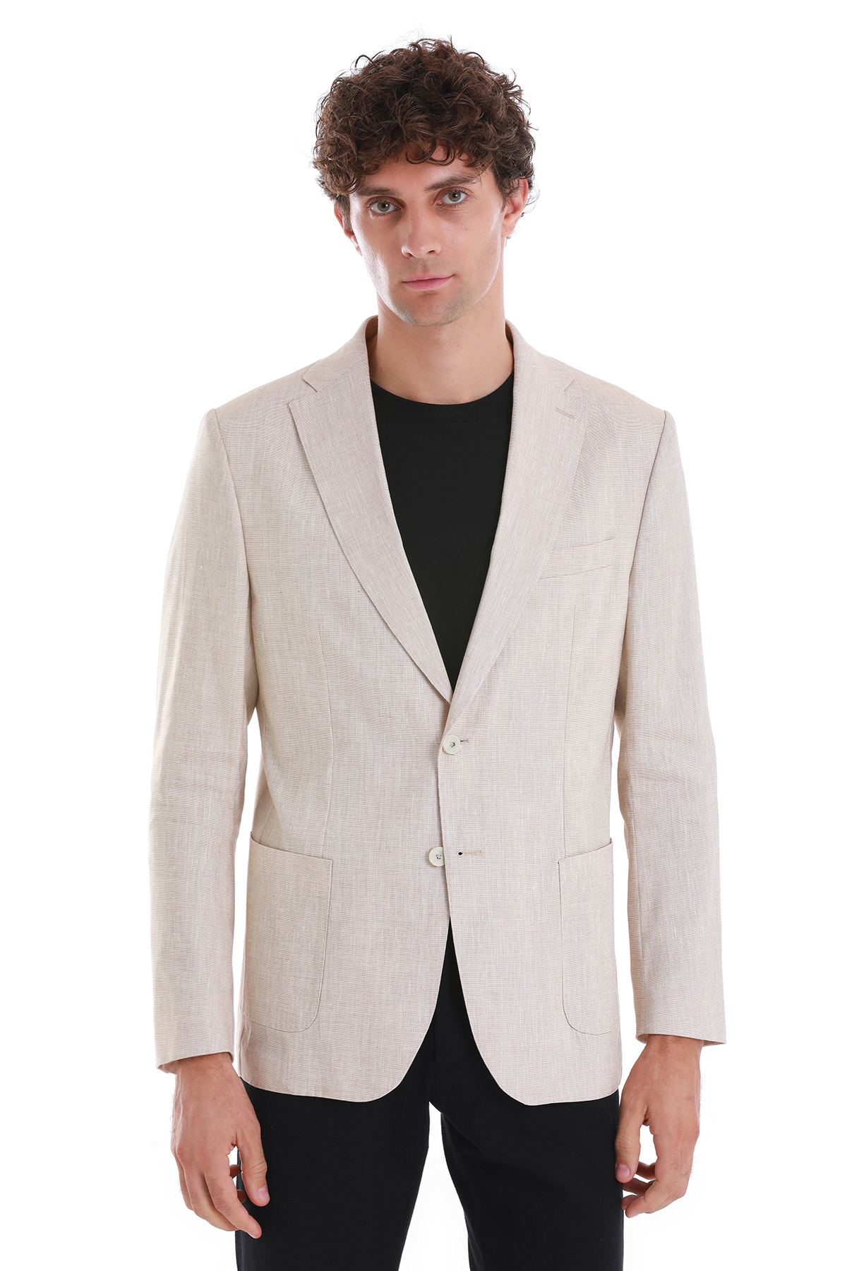 Bej Slim Fit Düz Mono Yaka Casual Keten Ceket - 8