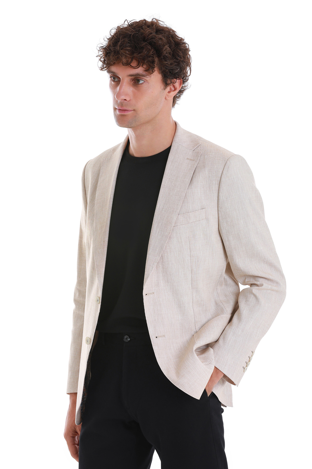 Bej Slim Fit Düz Mono Yaka Casual Keten Ceket - 10