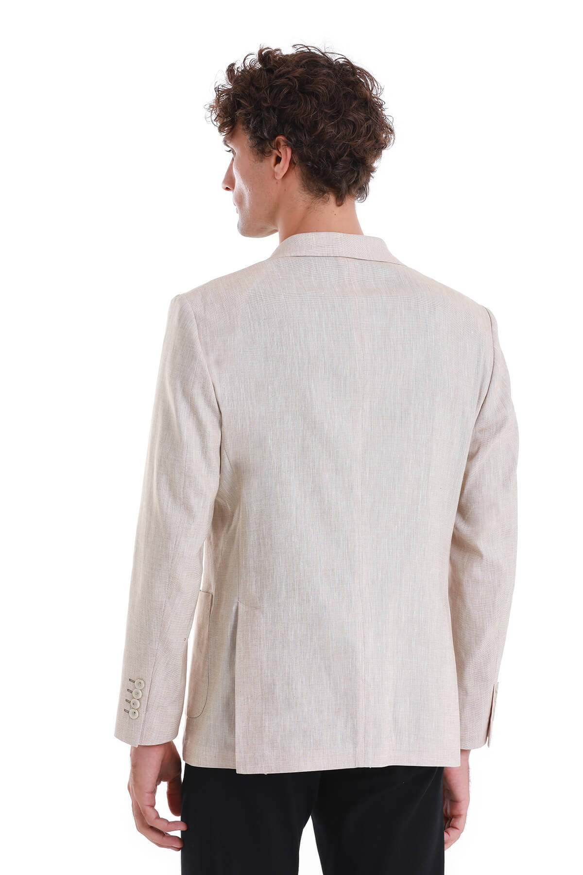 Bej Slim Fit Düz Mono Yaka Casual Keten Ceket - 13
