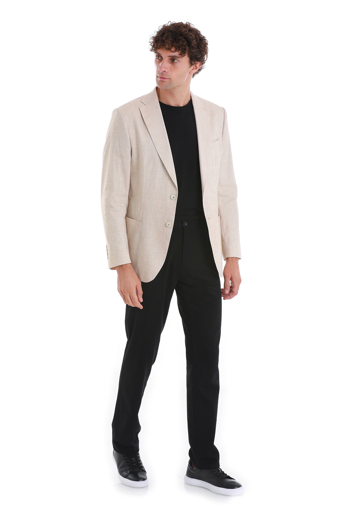 Bej Slim Fit Düz Mono Yaka Casual Keten Ceket - 15