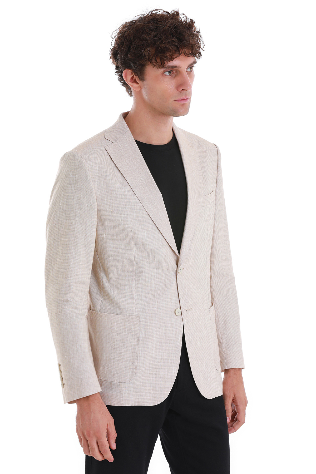 Bej Slim Fit Düz Mono Yaka Casual Keten Ceket - 17