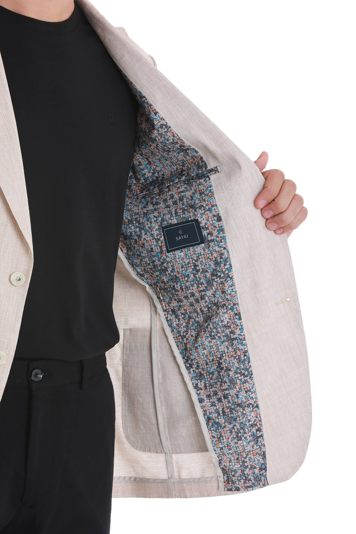 Bej Slim Fit Düz Mono Yaka Casual Keten Ceket - 19