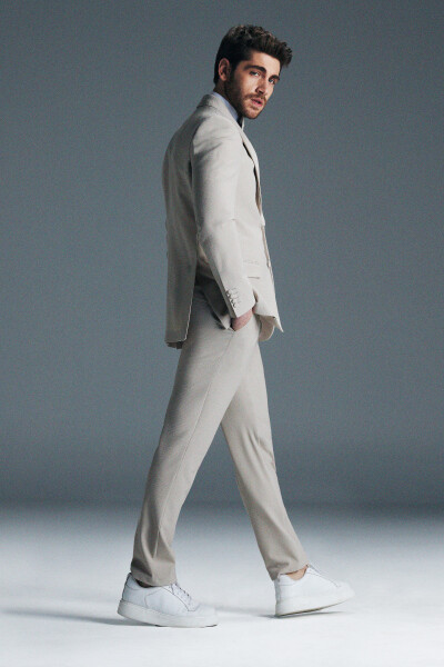 Bej Slim Fit Mono Yaka Takım Elbise - 4