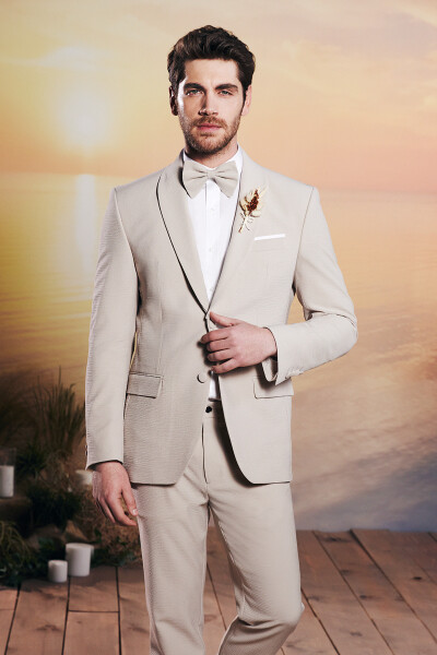 Bej Slim Fit Mono Yaka Takım Elbise 