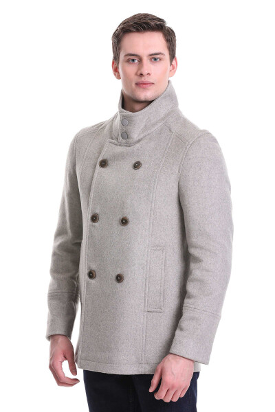 Bej Slim Fit Hakim Yaka Kruvaze Yünlü Kaşe Kaban 