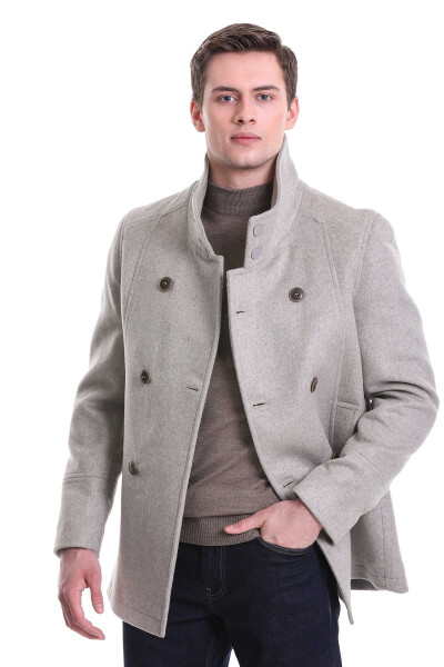 Bej Slim Fit Hakim Yaka Kruvaze Yünlü Kaşe Kaban - 2