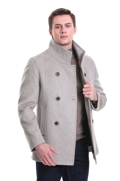 Bej Slim Fit Hakim Yaka Kruvaze Yünlü Kaşe Kaban - 3