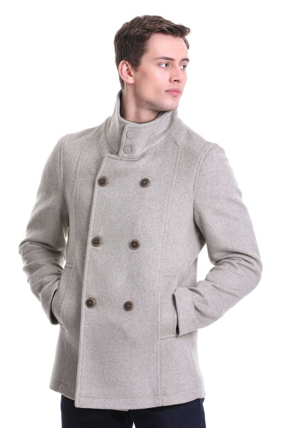 Bej Slim Fit Hakim Yaka Kruvaze Yünlü Kaşe Kaban - 6