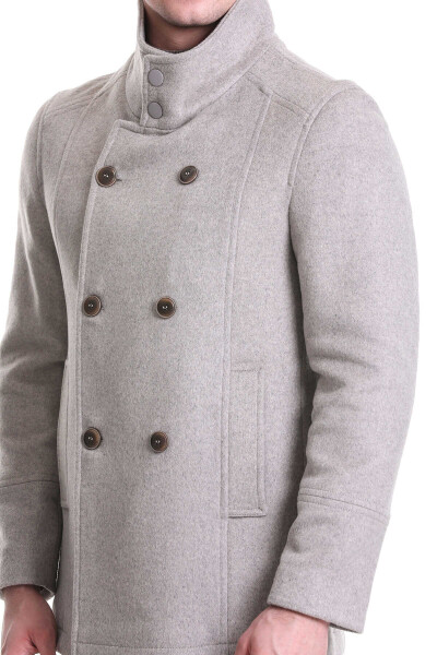 Bej Slim Fit Hakim Yaka Kruvaze Yünlü Kaşe Kaban - 7