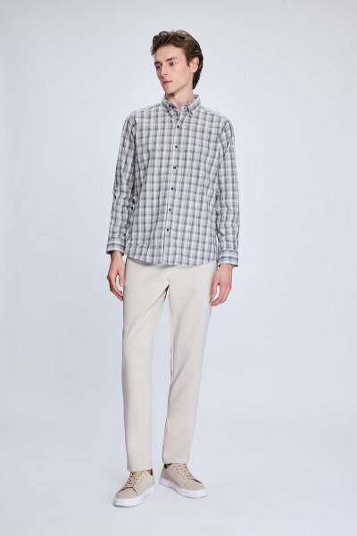 Bej Slim Fit Kareli Düğmeli Yaka Uzun Kollu Pamuklu Gömlek - 2