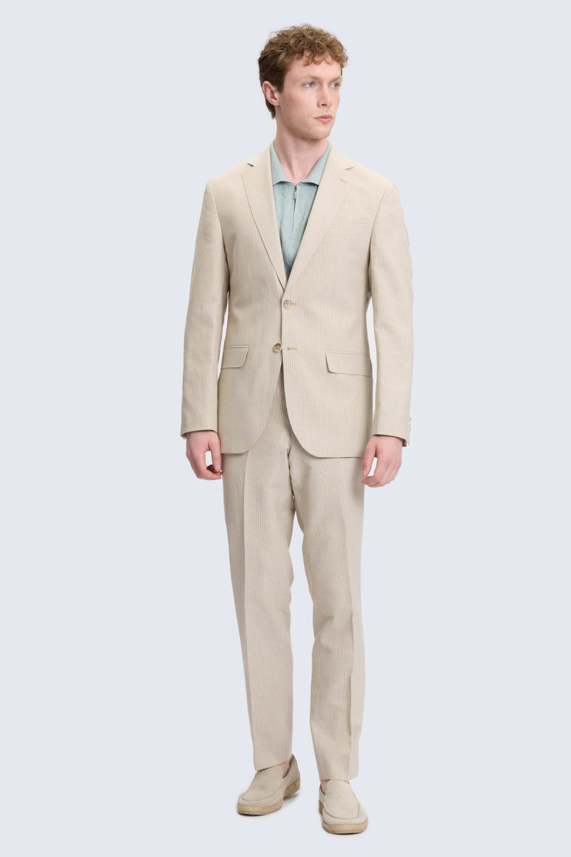 Bej Slim Fit Mono Yaka Keten Casual Takım Elbise
