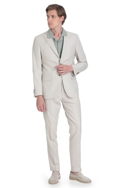 Bej Slim Fit Mono Yaka Keten Takım Elbise 