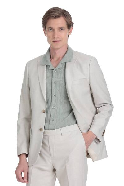 Bej Slim Fit Mono Yaka Keten Takım Elbise - 2