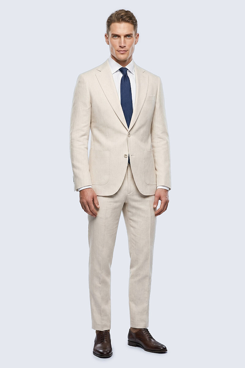Bej Slim Fit Mono Yaka Keten Takım Elbise