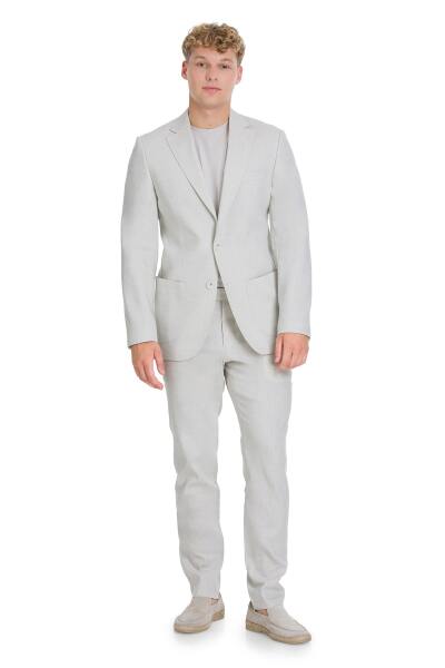 Bej Slim Fit Mono Yaka Keten Takım Elbise - 8