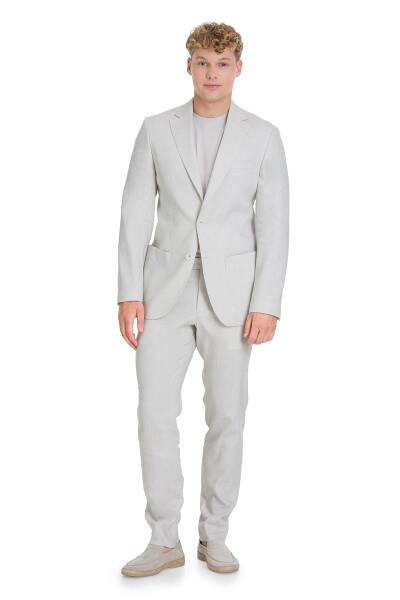 Bej Slim Fit Mono Yaka Keten Takım Elbise - 3