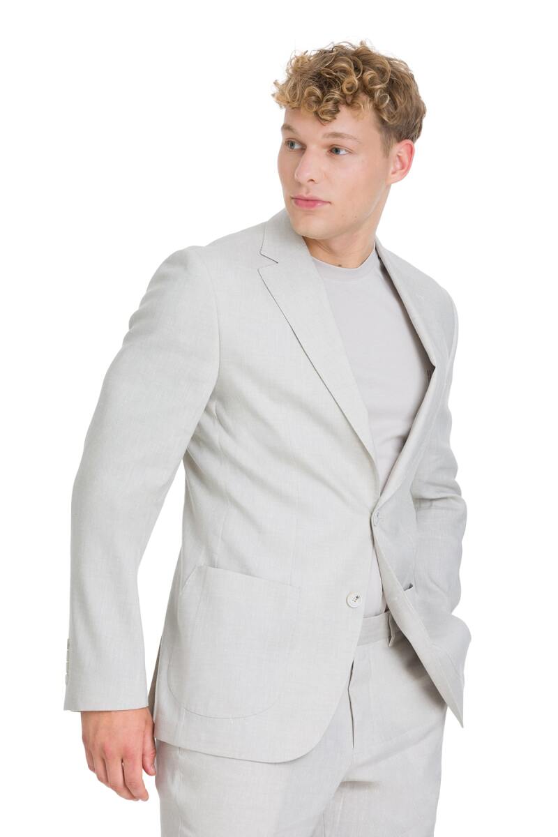 Bej Slim Fit Mono Yaka Keten Takım Elbise - Saykı (1)