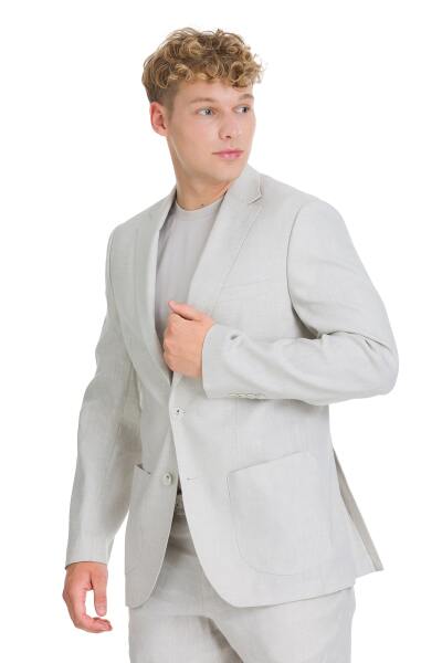 Bej Slim Fit Mono Yaka Keten Takım Elbise - 5