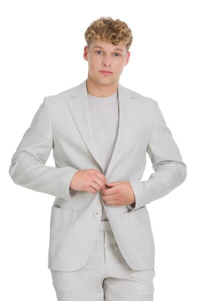 Bej Slim Fit Mono Yaka Keten Takım Elbise - 6