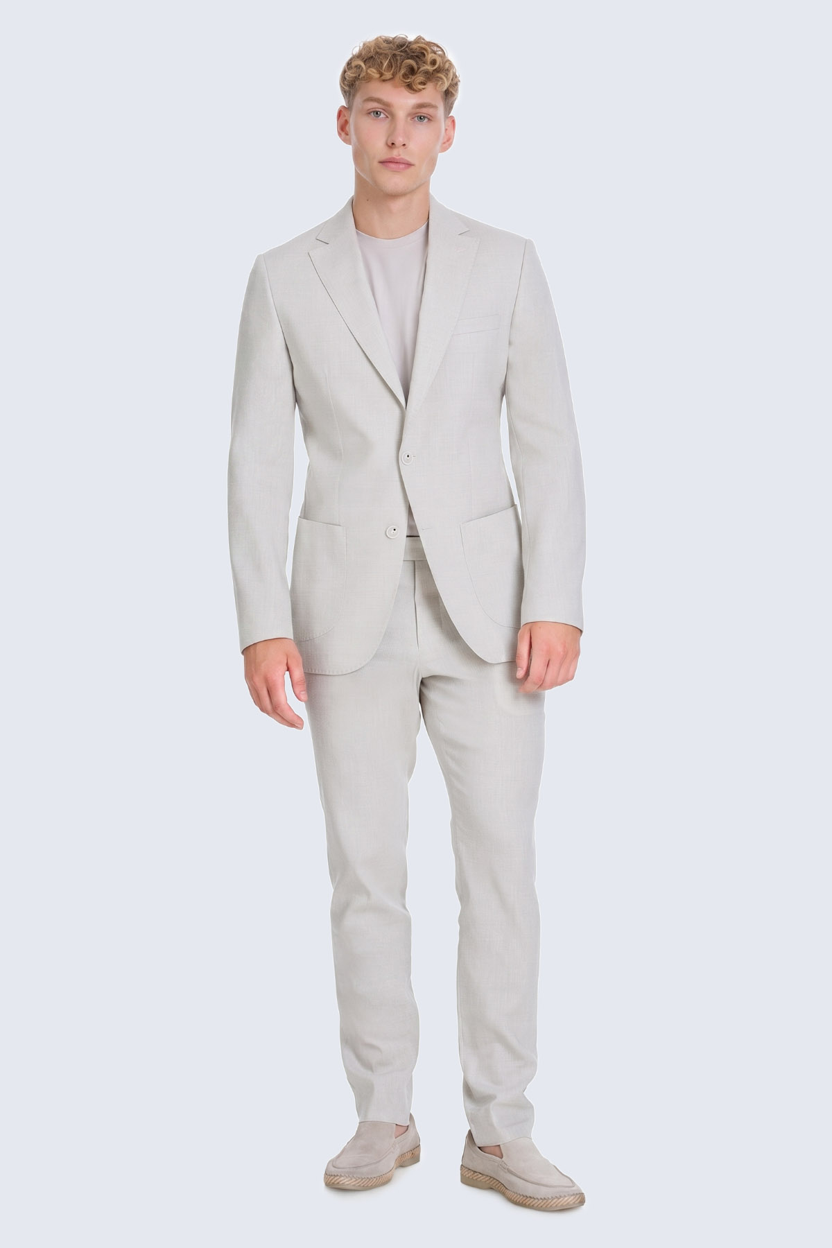 Bej Slim Fit Mono Yaka Keten Takım Elbise - 1