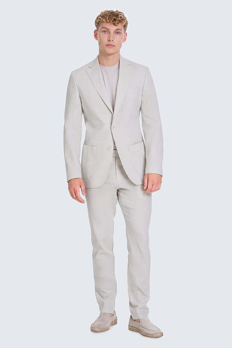 Bej Slim Fit Mono Yaka Keten Takım Elbise