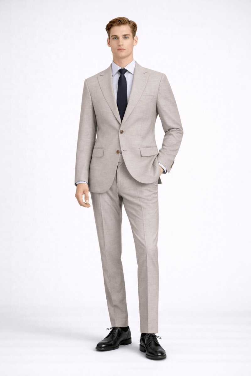Bej Slim Fit Sivri Yaka Takım Elbise