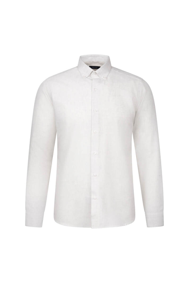 Bej Slim Fit Uzun Kol Düğmeli Yaka Pamuklu Flanel Gömlek - Hatem Saykı